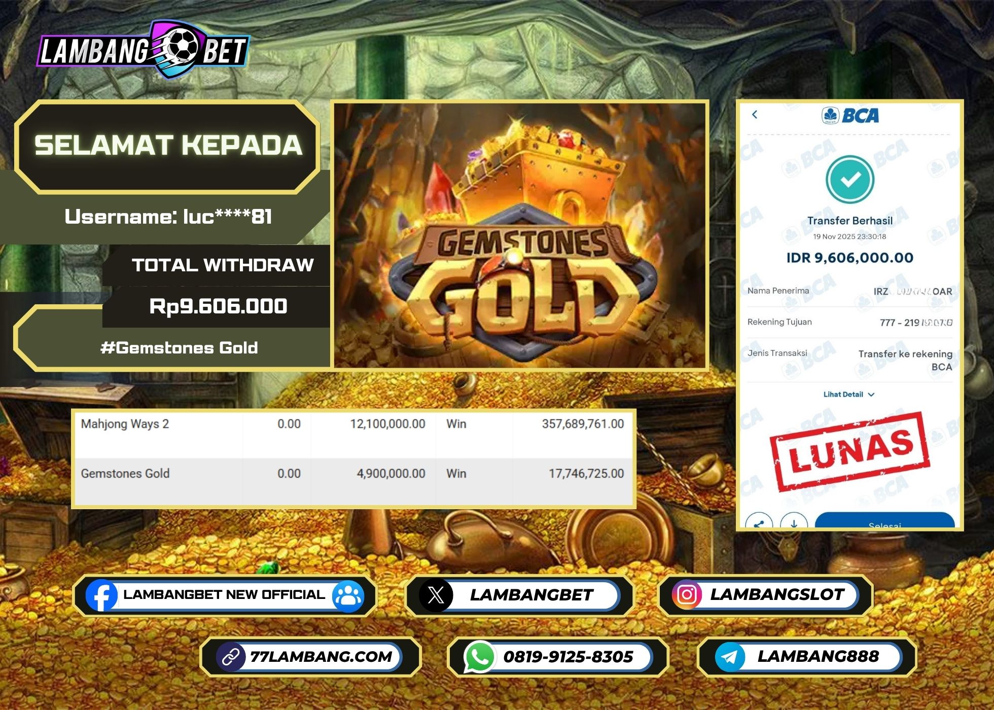 LAMBANGBET [19 NOVEMBER 2025] JACKPOT SLOT Gemstones Gold "Rp9.606.000" LUNAS